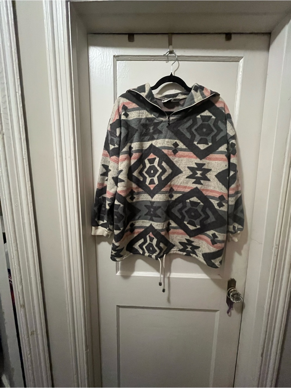 Vintage Aztec-Pattern Cowl Pullover Sweater in Gray & Pink